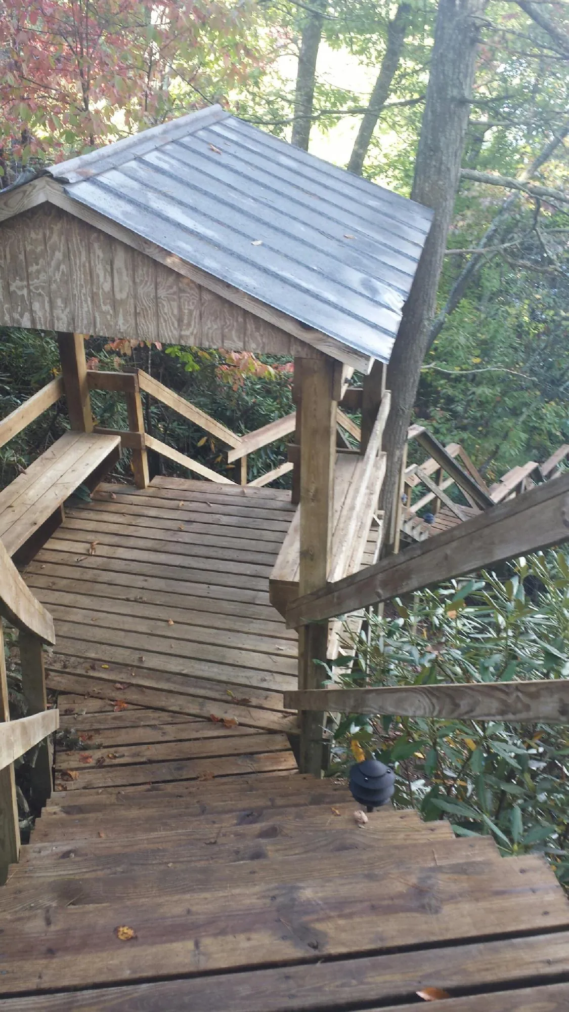 Metal roofed shelter over wooden steps on a wooded walkway — Skylight Repair & Installation work by our crew in Van Meter
